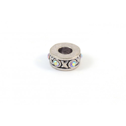 PANDORA STYLE BEAD, ANTIQUE SILVER RONDELLE WITH CLEAR AB RHINESTONES